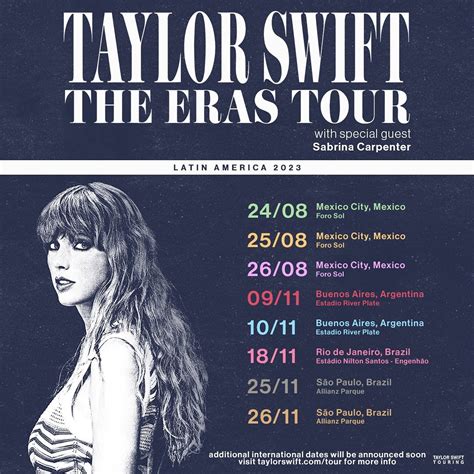 Taylor swift latin america tour dates - Taylor Swift's 2024 North American Eras Tour dates. Oct. 18-20: Miami, Hard Rock Stadium. Oct. 25-27: New Orleans, Caesars Superdome. Nov. 1-3: Indianapolis, Lucas Oil Stadium. Nov. 14-16, Nov. 21 ...